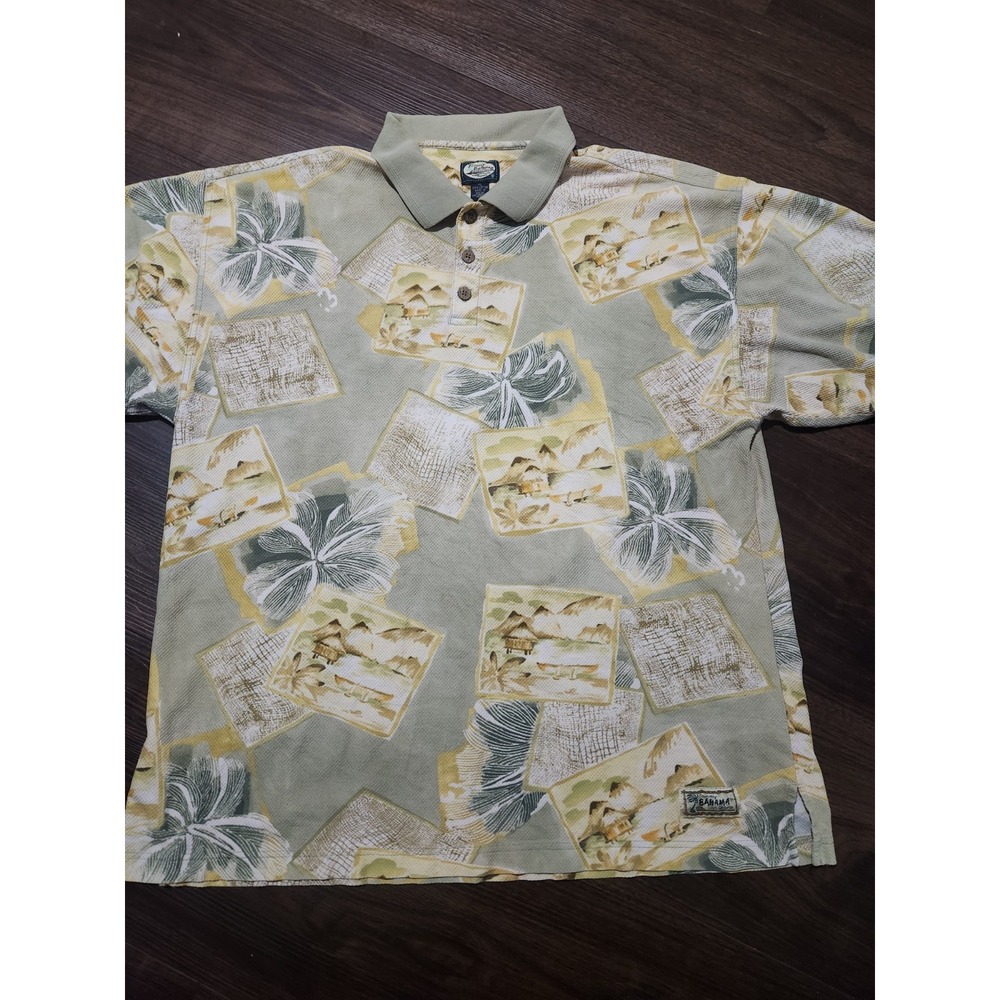 Tommy Bahama Green and Yellow Hawaiian Print Polo